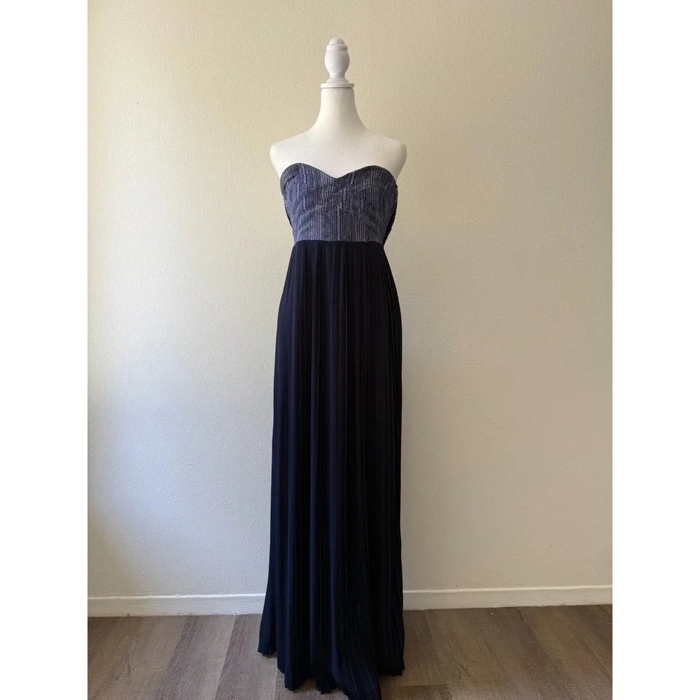 Sabine Strapless Maxi Dress Sz XS Navy Pleated Skirt Sweetheart Formal Evening